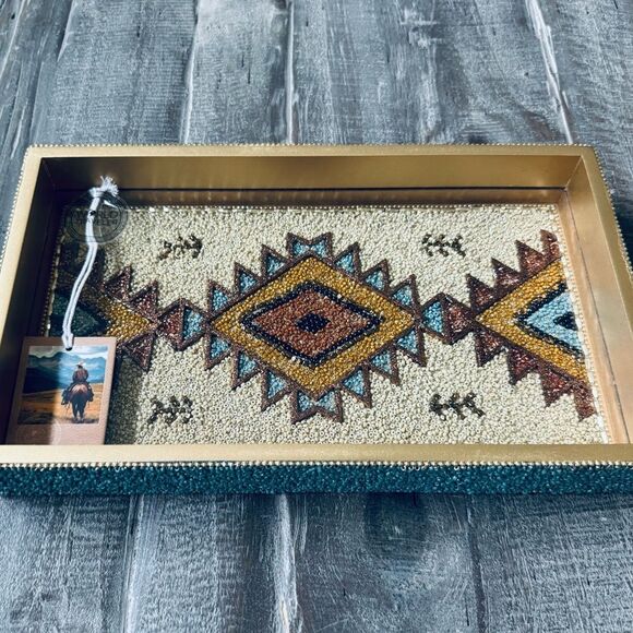Southwest Western Aztec Tribal Beaded Blue Tan Brown Decor Serving Decor Tray - Picture 7 of 11